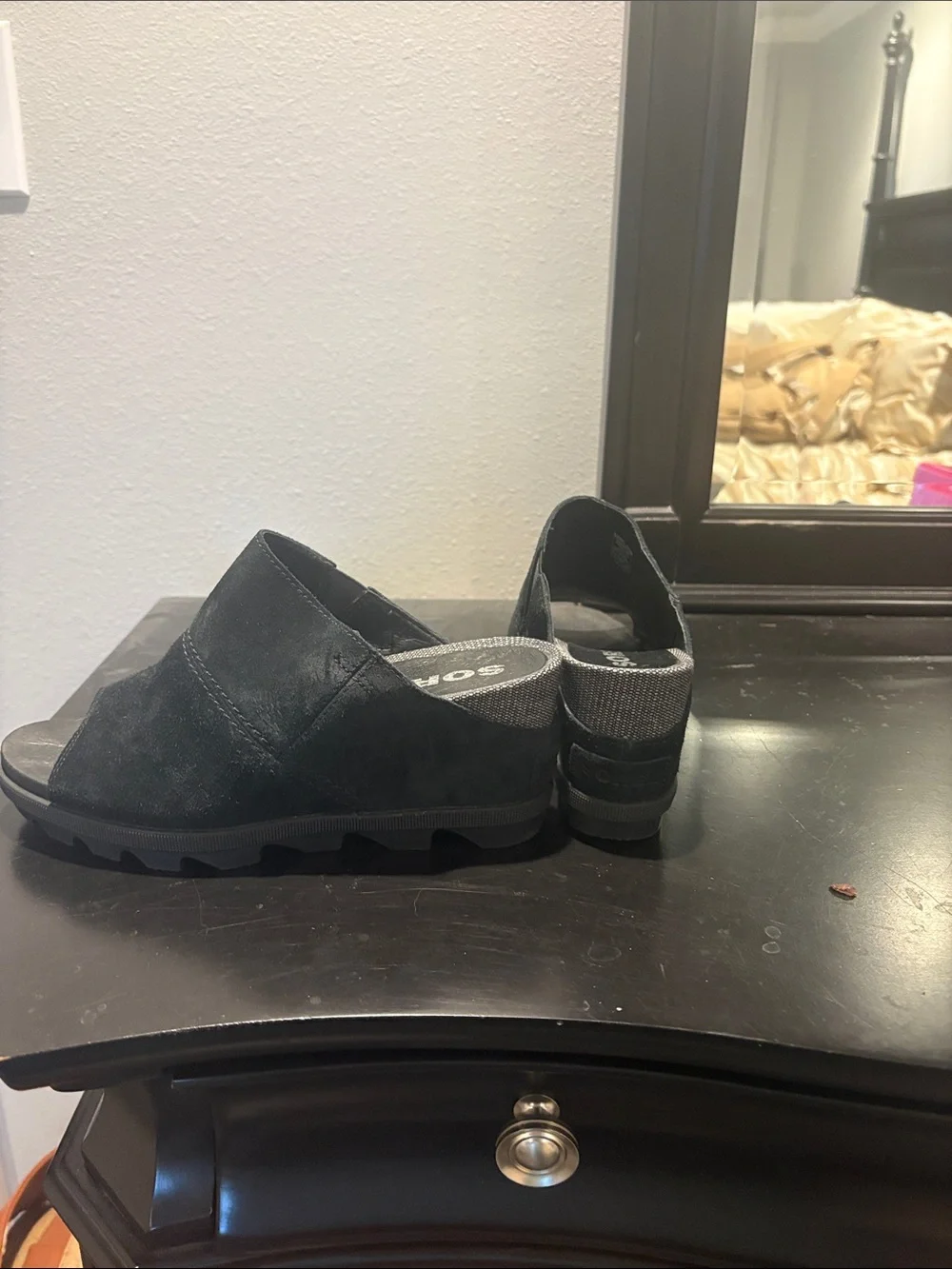 Sorel Black Suede Open-Toe Slip-On Wedge Sandals